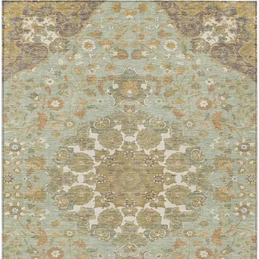 Green And Taupe Damask Washable Indoor Outdoor Area Rug Photo 3