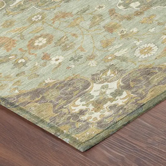 Green And Taupe Damask Washable Indoor Outdoor Area Rug Photo 4