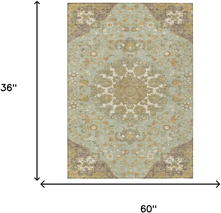 Green And Taupe Damask Washable Indoor Outdoor Area Rug Photo 6