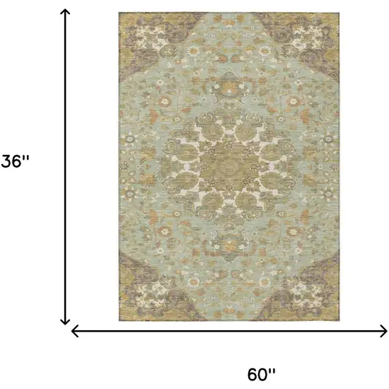 Green And Taupe Damask Washable Indoor Outdoor Area Rug Photo 6