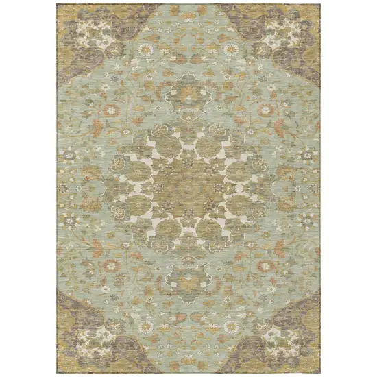 Green And Taupe Damask Washable Indoor Outdoor Area Rug Photo 1