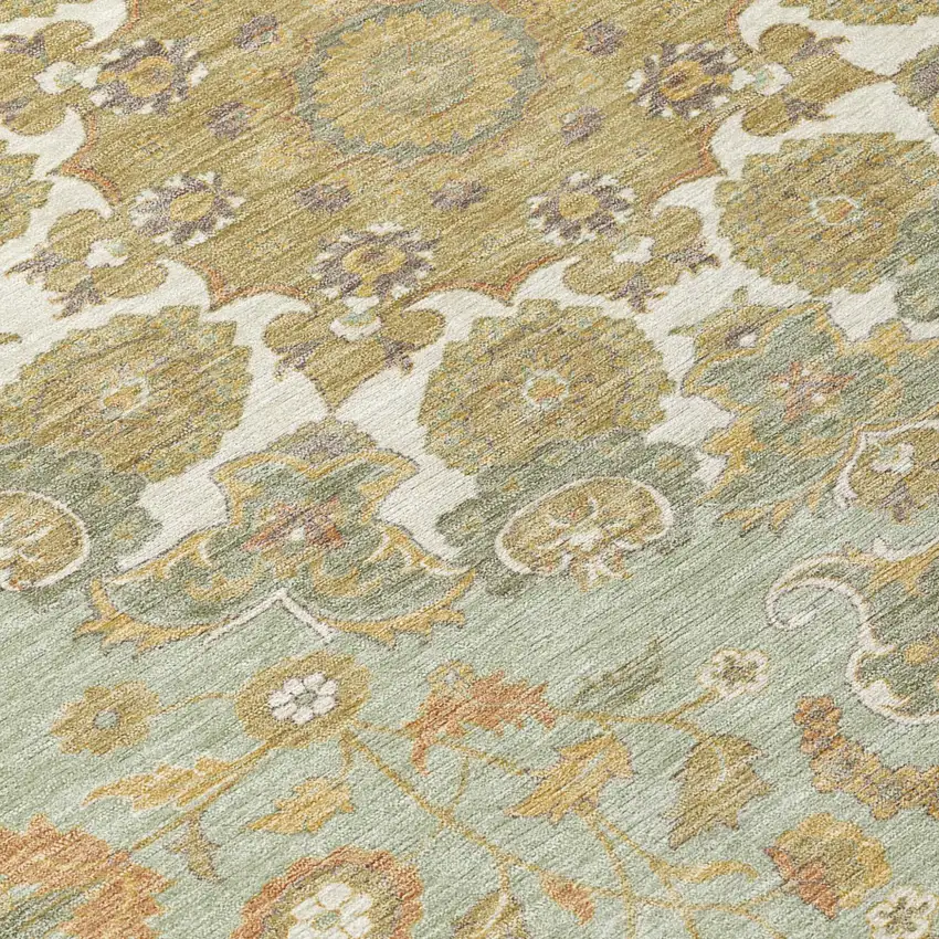 Green And Taupe Damask Washable Indoor Outdoor Area Rug Photo 5