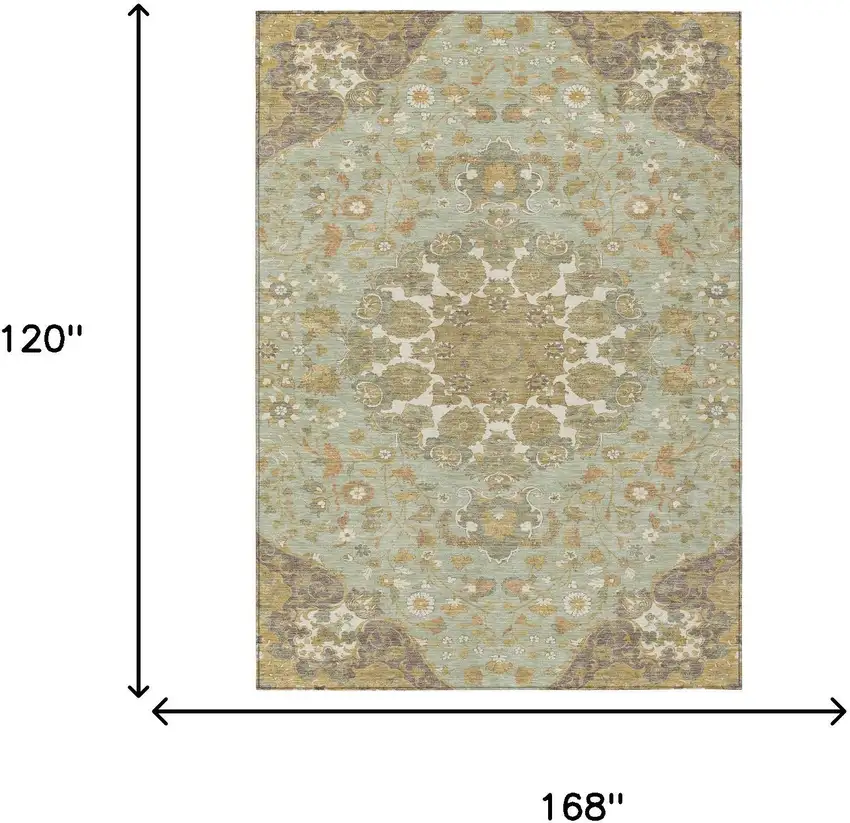 Green And Taupe Damask Washable Indoor Outdoor Area Rug Photo 6