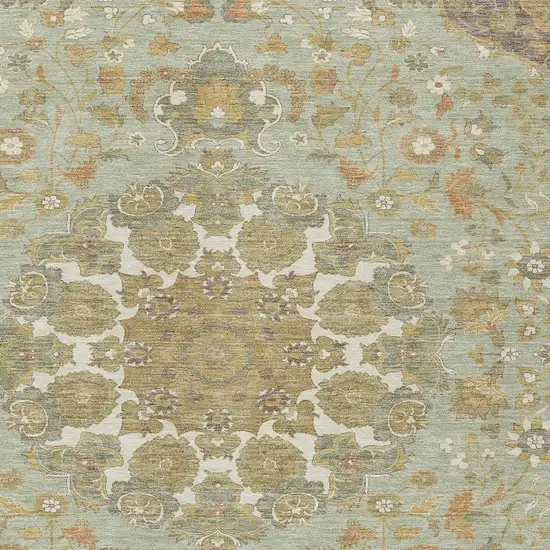 Green And Taupe Damask Washable Indoor Outdoor Area Rug Photo 2