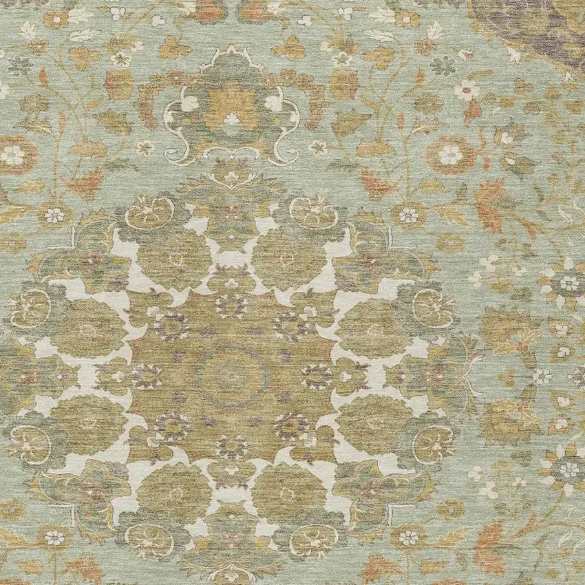 Green And Taupe Damask Washable Indoor Outdoor Area Rug Photo 2