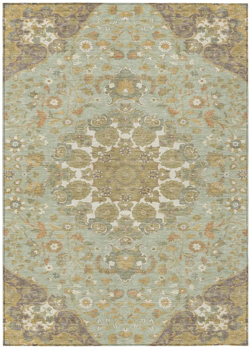 Green And Taupe Damask Washable Indoor Outdoor Area Rug Photo 1