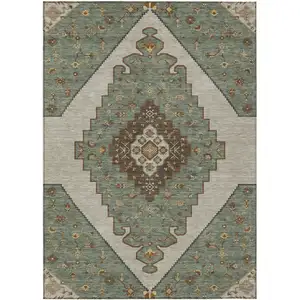 Photo of Green And Taupe Geometric Washable Indoor Outdoor Area Rug