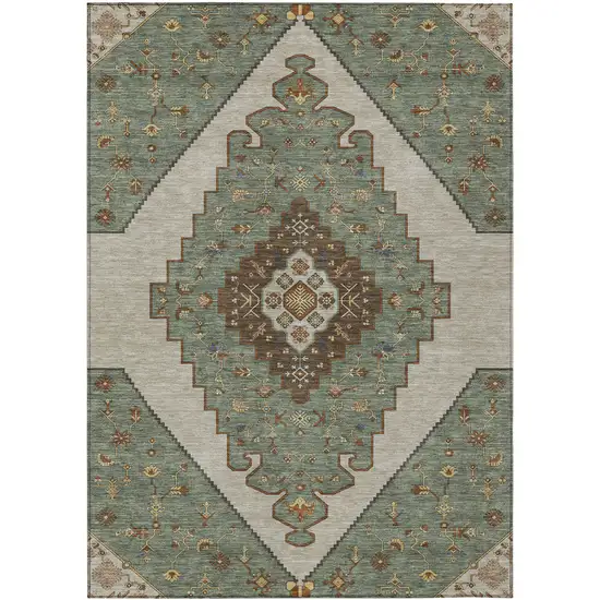 Green And Taupe Geometric Washable Indoor Outdoor Area Rug Photo 1