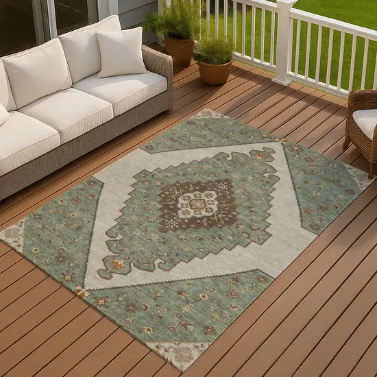 Green And Taupe Geometric Washable Indoor Outdoor Area Rug Photo 7