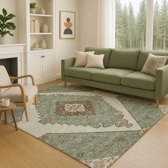 Green And Taupe Geometric Washable Indoor Outdoor Area Rug Photo 5