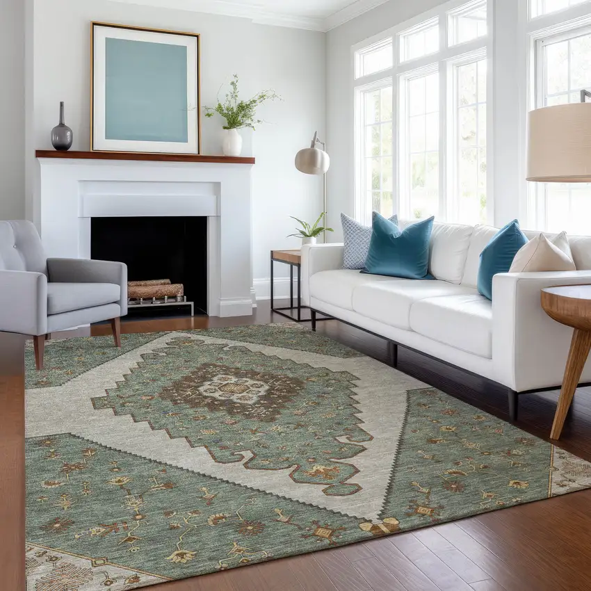 Green And Taupe Geometric Washable Indoor Outdoor Area Rug Photo 6