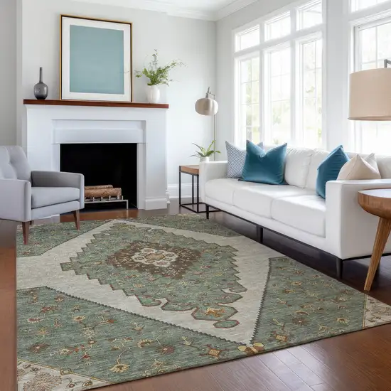 Green And Taupe Geometric Washable Indoor Outdoor Area Rug Photo 6