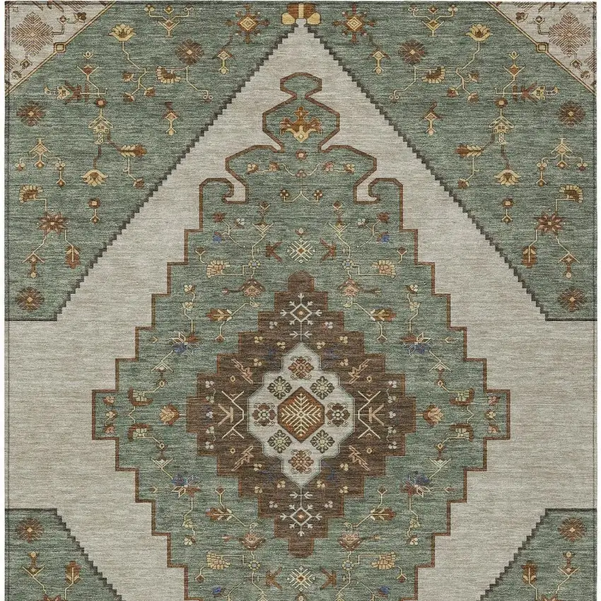 Green And Taupe Geometric Washable Indoor Outdoor Area Rug Photo 3