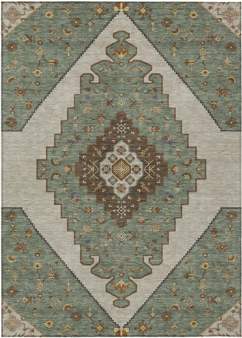 Green And Taupe Geometric Washable Indoor Outdoor Area Rug Photo 1