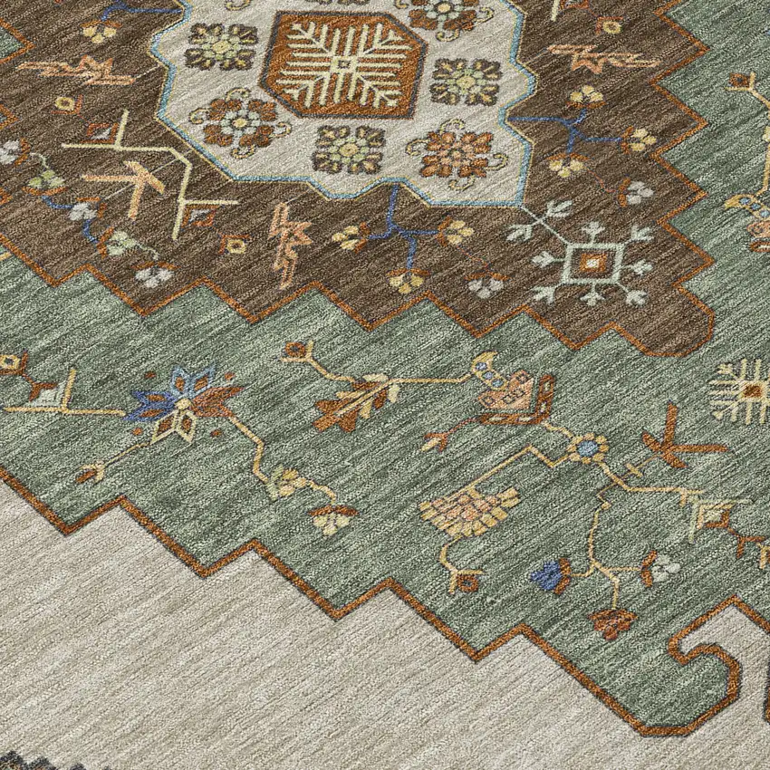 Green And Taupe Geometric Washable Indoor Outdoor Area Rug Photo 9