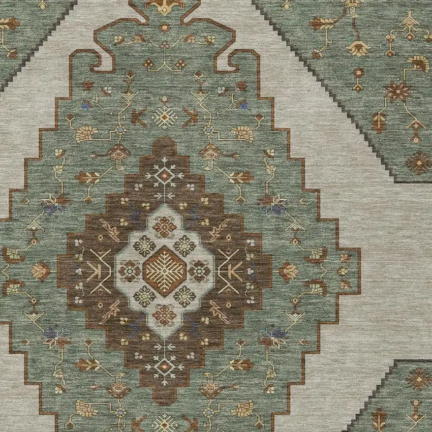 Green And Taupe Geometric Washable Indoor Outdoor Area Rug Photo 2