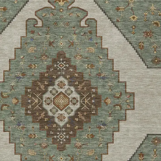 Green And Taupe Geometric Washable Indoor Outdoor Area Rug Photo 2