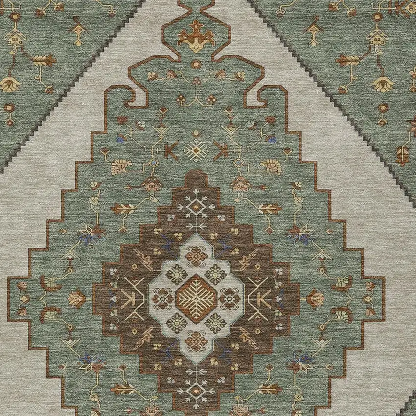 Green And Taupe Geometric Washable Indoor Outdoor Area Rug Photo 2