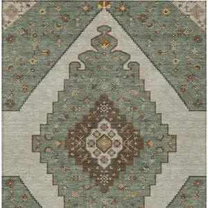 Photo of Green And Taupe Geometric Washable Indoor Outdoor Area Rug