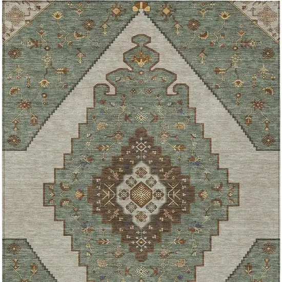 Green And Taupe Geometric Washable Indoor Outdoor Area Rug Photo 3