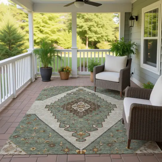 Green And Taupe Geometric Washable Indoor Outdoor Area Rug Photo 4