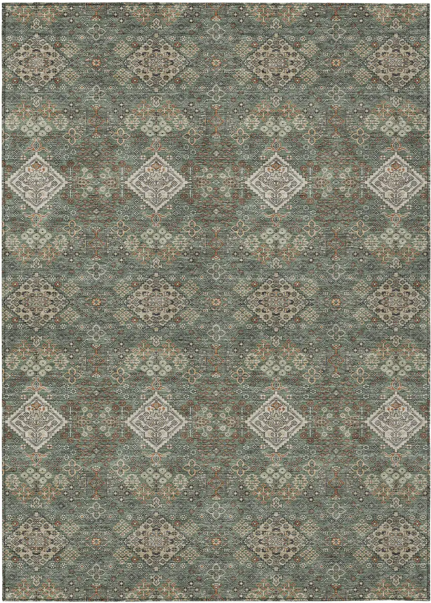 Green And Taupe Geometric Washable Indoor Outdoor Area Rug Photo 1