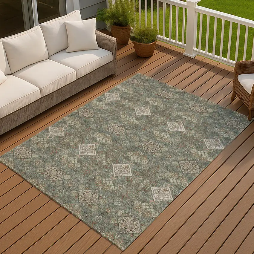 Green And Taupe Geometric Washable Indoor Outdoor Area Rug Photo 7