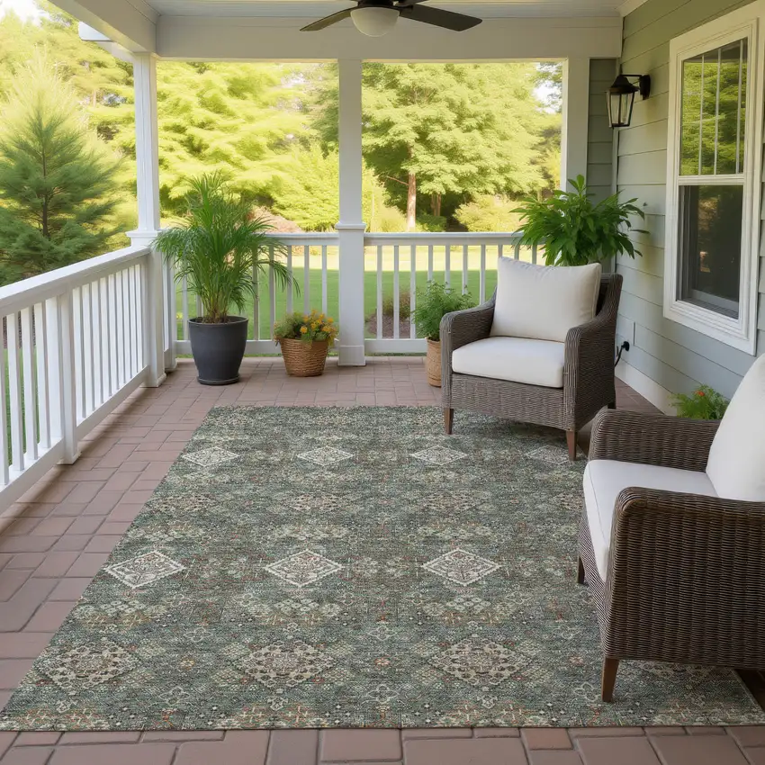 Green And Taupe Geometric Washable Indoor Outdoor Area Rug Photo 4