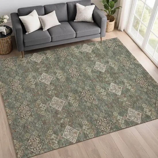 Green And Taupe Geometric Washable Indoor Outdoor Area Rug Photo 6