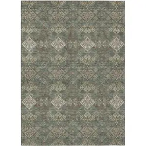 Photo of Green And Taupe Geometric Washable Indoor Outdoor Area Rug