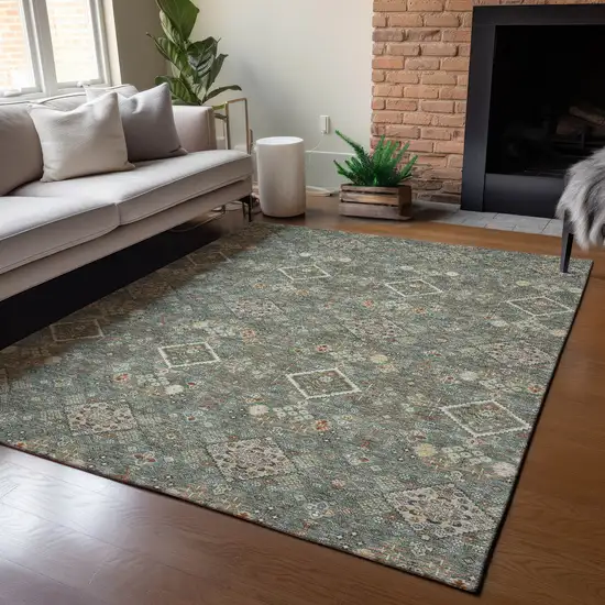 Green And Taupe Geometric Washable Indoor Outdoor Area Rug Photo 5