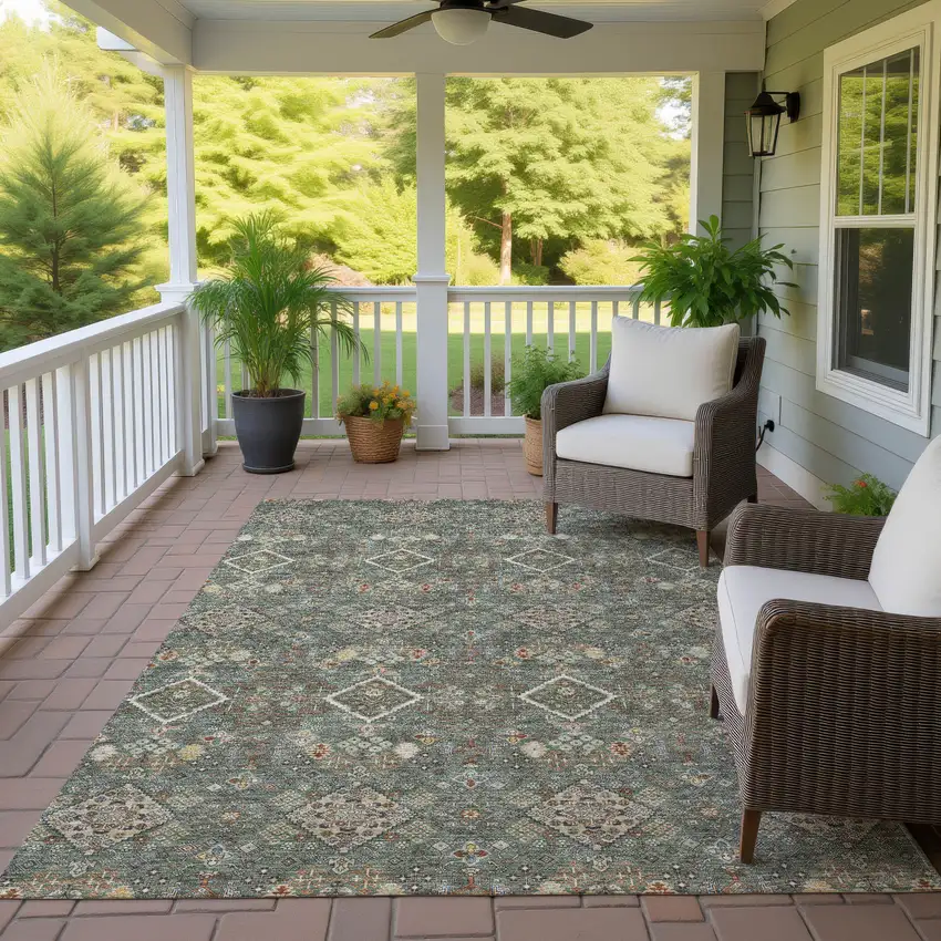 Green And Taupe Geometric Washable Indoor Outdoor Area Rug Photo 4