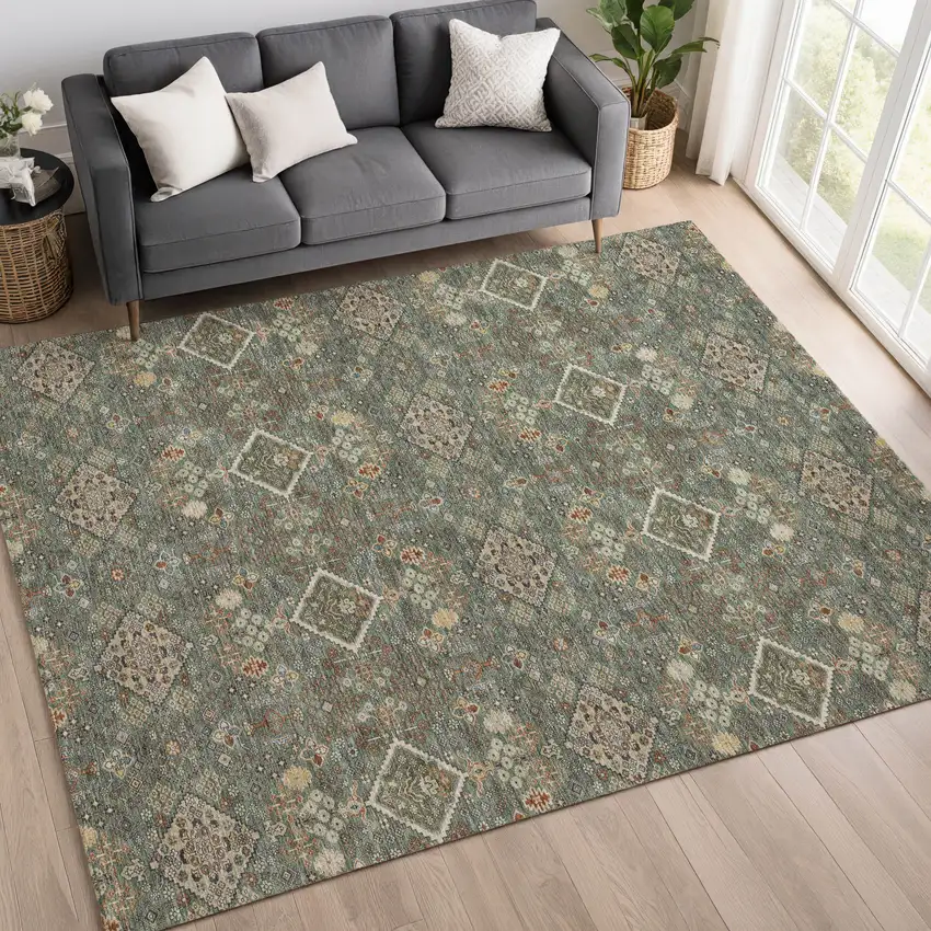 Green And Taupe Geometric Washable Indoor Outdoor Area Rug Photo 6
