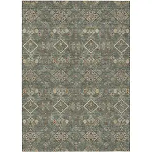 Photo of Green And Taupe Geometric Washable Indoor Outdoor Area Rug