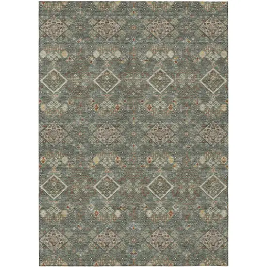 Green And Taupe Geometric Washable Indoor Outdoor Area Rug Photo 1