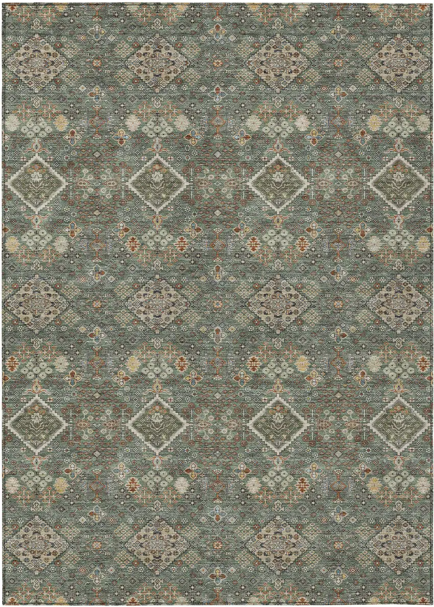 Green And Taupe Geometric Washable Indoor Outdoor Area Rug Photo 1