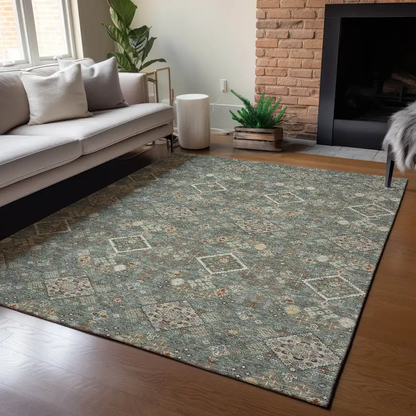 Green And Taupe Geometric Washable Indoor Outdoor Area Rug Photo 5