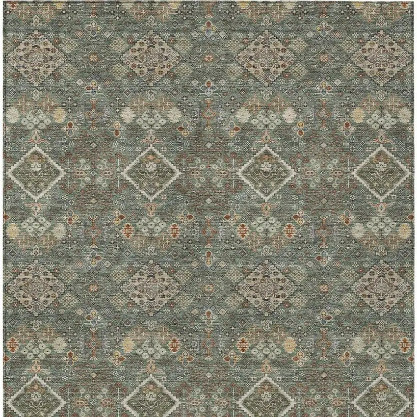 Green And Taupe Geometric Washable Indoor Outdoor Area Rug Photo 3