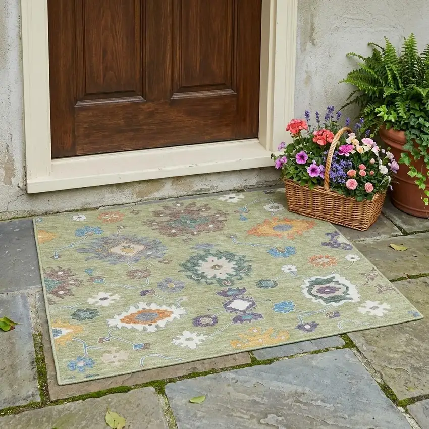 Green And Taupe Oriental Washable Indoor Outdoor Area Rug Photo 1