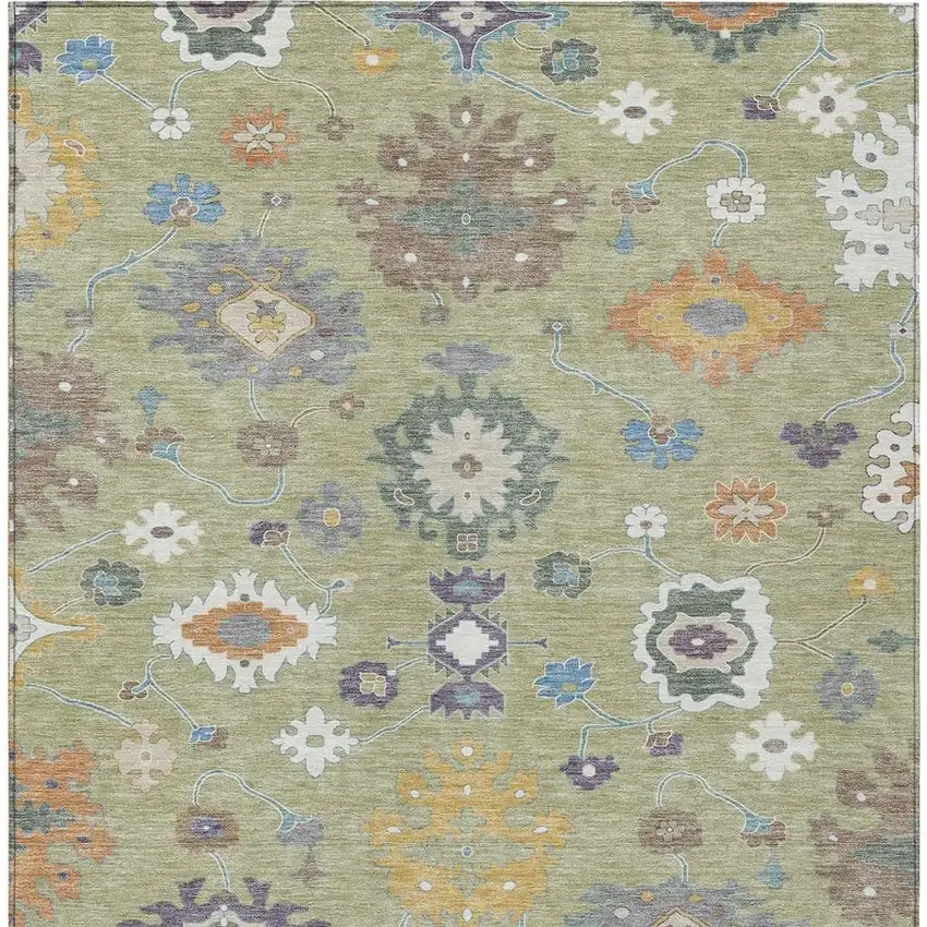 Green And Taupe Oriental Washable Indoor Outdoor Area Rug Photo 3
