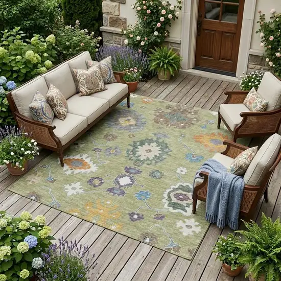 Green And Taupe Oriental Washable Indoor Outdoor Area Rug Photo 1