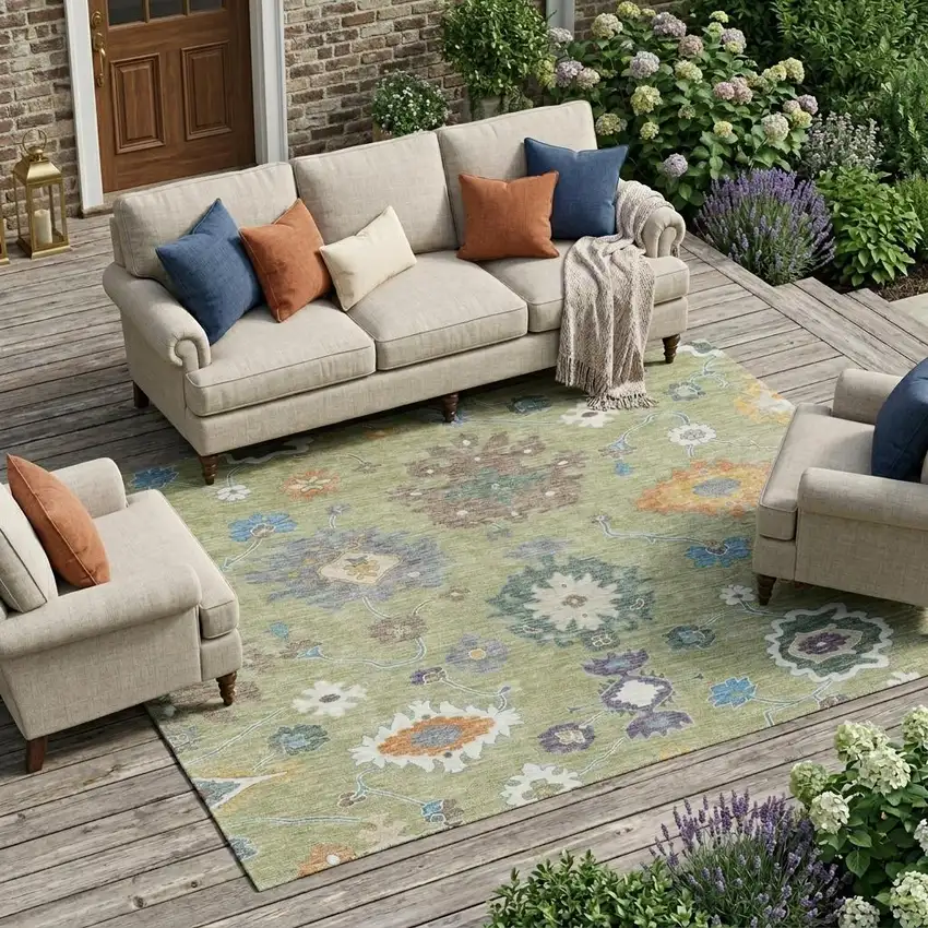 Green And Taupe Oriental Washable Indoor Outdoor Area Rug Photo 1
