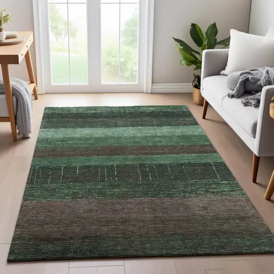 Green And Taupe Striped Washable Area Rug With UV Protection Photo 4