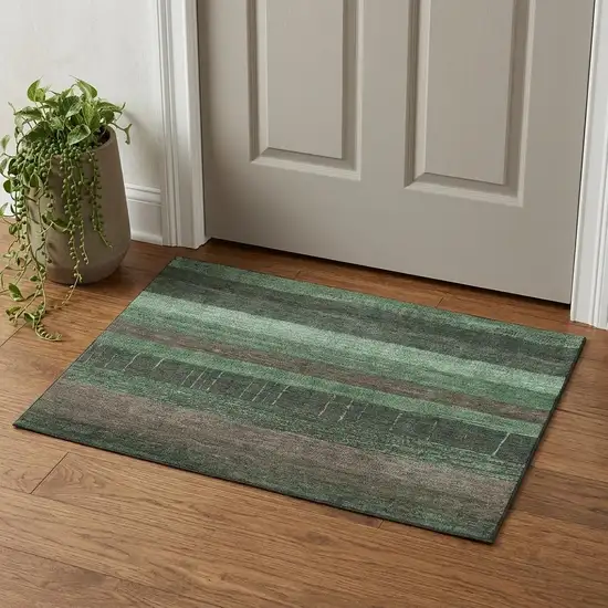 Green And Taupe Striped Washable Area Rug With UV Protection Photo 1