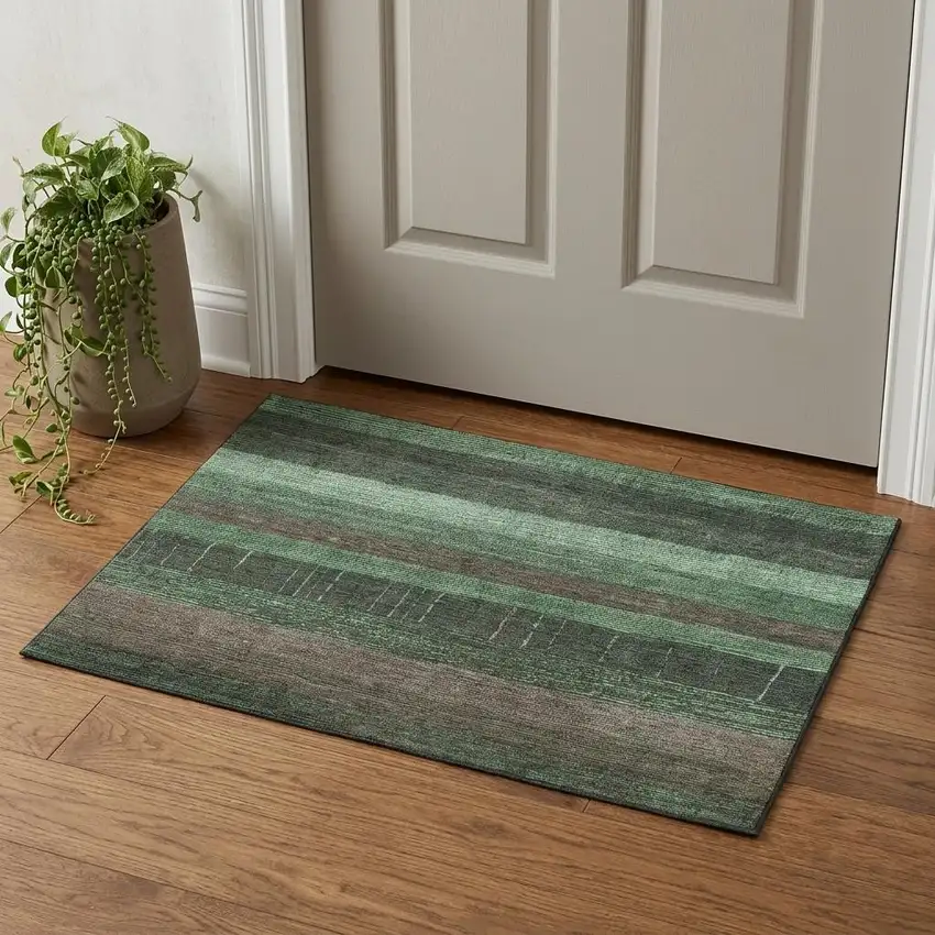 Green And Taupe Striped Washable Area Rug With UV Protection Photo 1