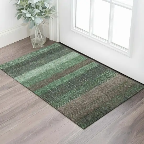 Green And Taupe Striped Washable Area Rug With UV Protection Photo 2