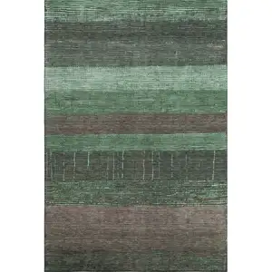 Photo of Green And Taupe Striped Washable Area Rug With UV Protection