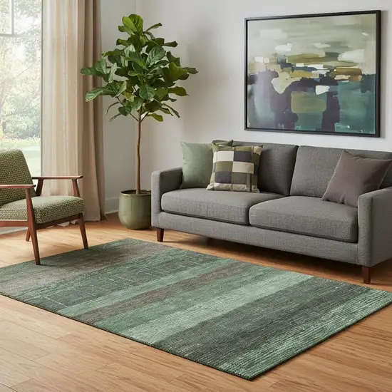 Green And Taupe Striped Washable Area Rug With UV Protection Photo 2