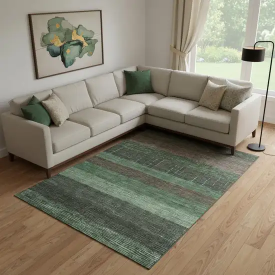 Green And Taupe Striped Washable Area Rug With UV Protection Photo 2