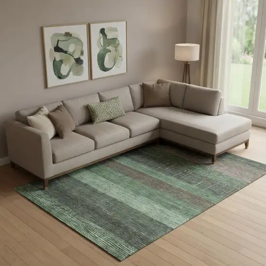 Green And Taupe Striped Washable Area Rug With UV Protection Photo 2